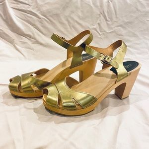 Swedish Hasbeens high heel gold platform sandals clogs